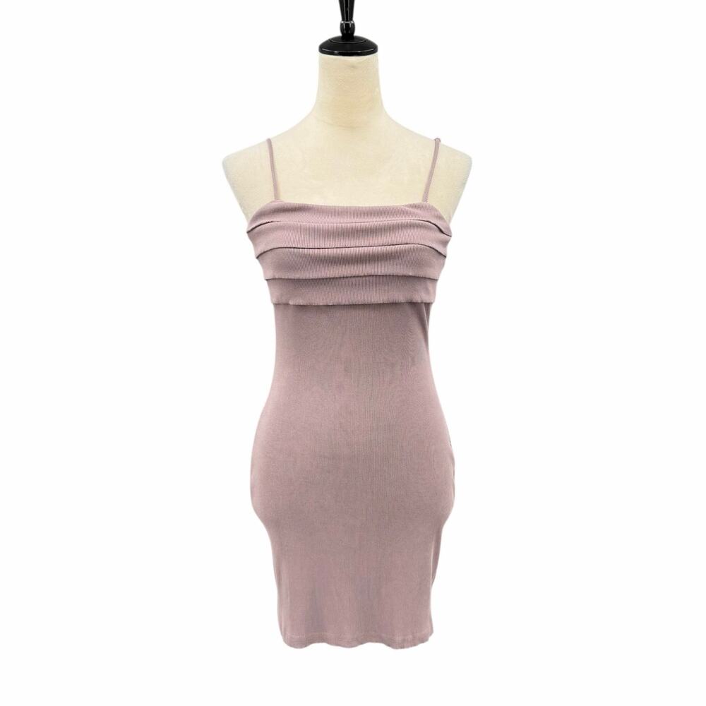 Illa Illa Taupe Mauve Tiered Ruffle Ribbed Bodycon Spaghetti Tank Mini Dress